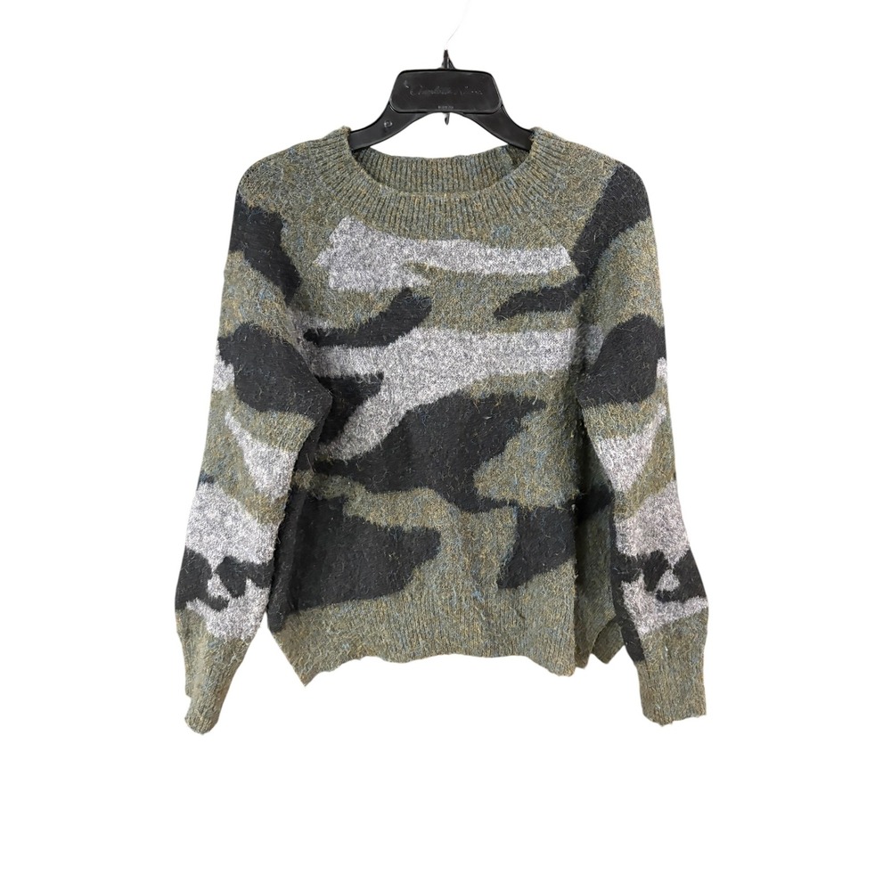 AQUA Womens Camo Fuzzy Knit Pullover Sweater Green Black Grey Camouflage Medium